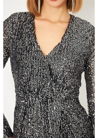 Kruvaze Yaka Gümüş Pul Payet Elbise 