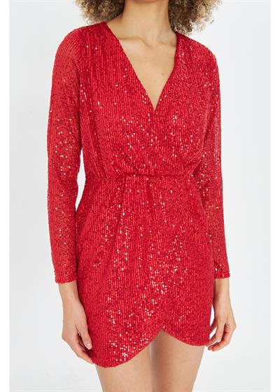 Kruvaze Yaka Pul Payet Elbise 