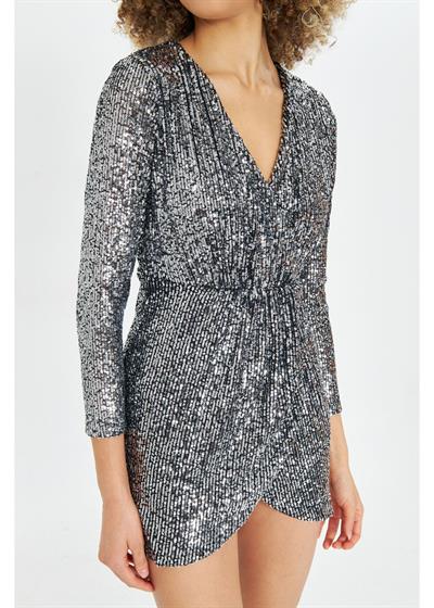 Kruvaze Yaka Pul Payet Elbise 