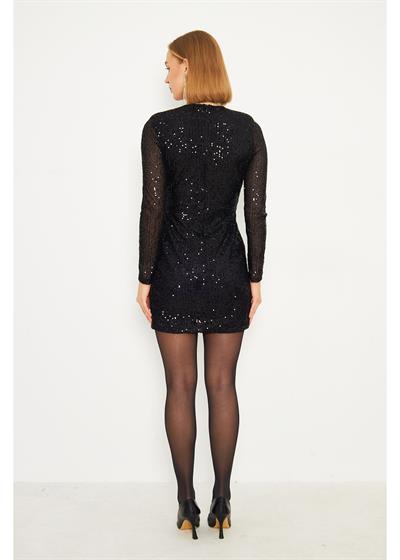 Kruvaze Yaka Siyah Pul Payet Elbise 