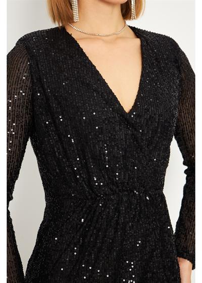 Kruvaze Yaka Siyah Pul Payet Elbise 