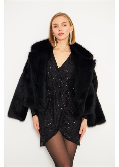 Kruvaze Yaka Siyah Pul Payet Elbise 