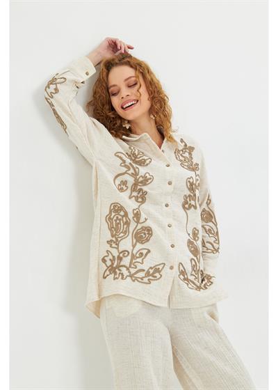 Lase Nakışlı Püsküllü Müslin Keten Görünümlü Gömlek 