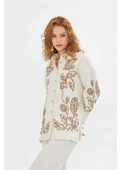 Lase Nakışlı Püsküllü Müslin Keten Görünümlü Gömlek 
