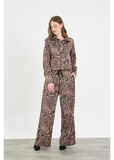 Leopar Desen Kısa Saten Gömlek 