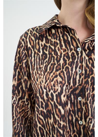 Leopar Desen Kısa Saten Gömlek 
