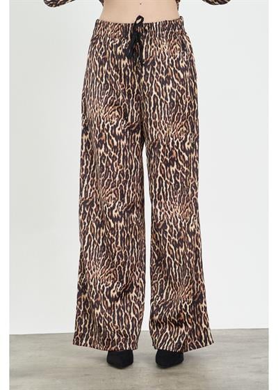 Leopar Desen Lastikli Saten Pantolon 