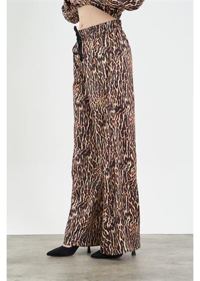Leopar Desen Lastikli Saten Pantolon 