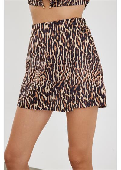 Leopar Desen Saten Şort Etek