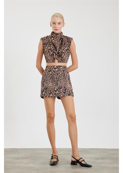 Leopar Desen Saten Şort Etek