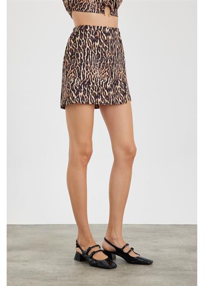 Leopar Desen Saten Şort Etek