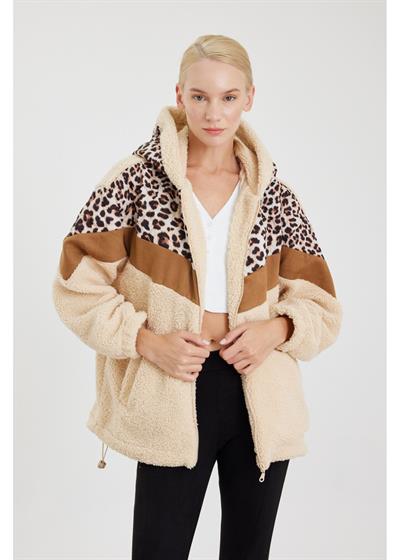 Leopar Garnili Kapüşonlu Peluş Mont
