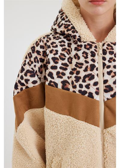 Leopar Garnili Kapüşonlu Peluş Mont