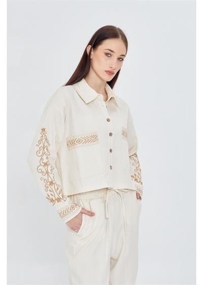 Cep Detay Nakışlı Gabardin Gömlek 