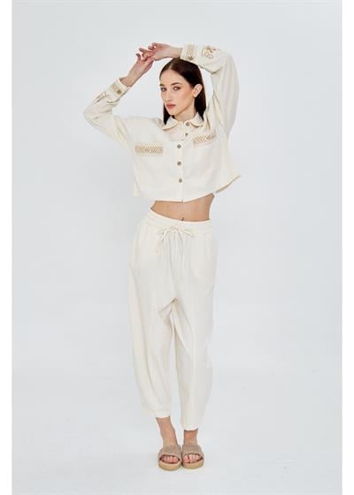 Cep Detay Nakışlı Gabardin Gömlek 