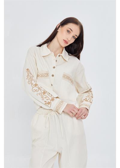 Cep Detay Nakışlı Gabardin Gömlek 