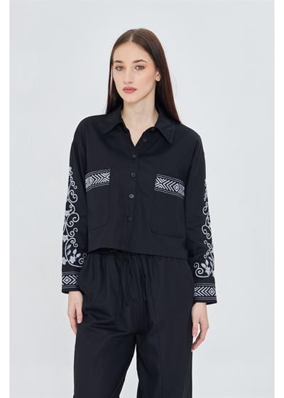 Cep Detaylı Nakış Desen Gabardin Gömlek 