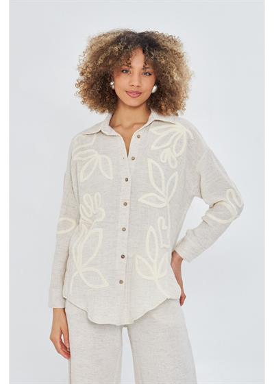 Nakışlı Keten Görünümlü Müslin Gömlek 