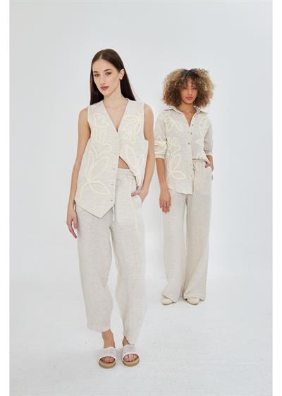 Nakışlı Keten Görünümlü Müslin Yelek 