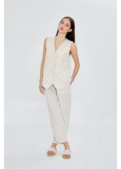 Nakışlı Keten Görünümlü Müslin Yelek 