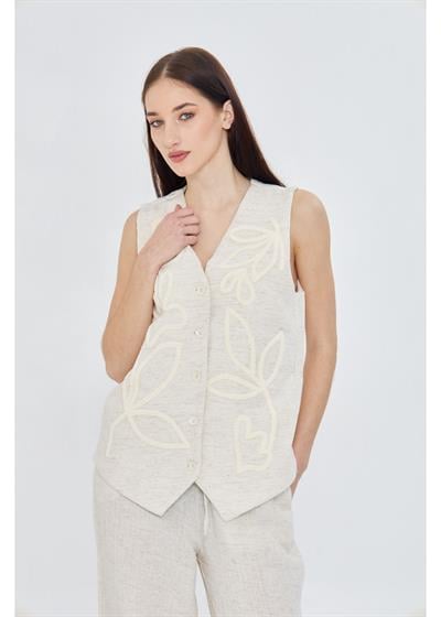 Nakışlı Keten Görünümlü Müslin Yelek 