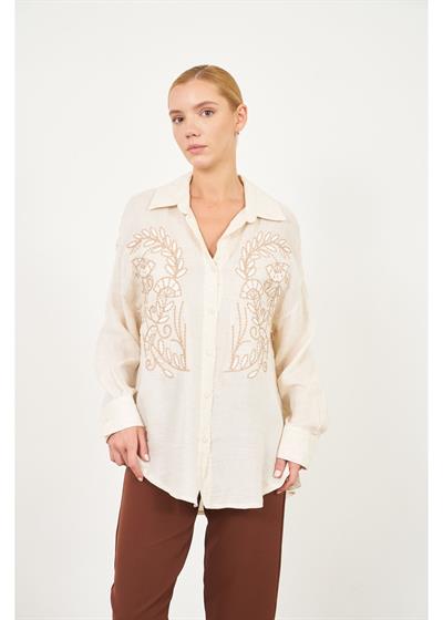 Nakışlı Müslin Keten Görünümlü Gömlek 