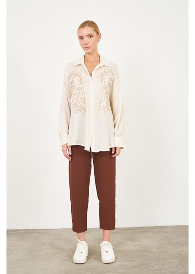 Nakışlı Müslin Keten Görünümlü Gömlek 