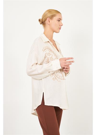 Nakışlı Müslin Keten Görünümlü Gömlek 