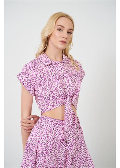 Önden Bağlamalı Çıtır Desen Kısa Gömlek 