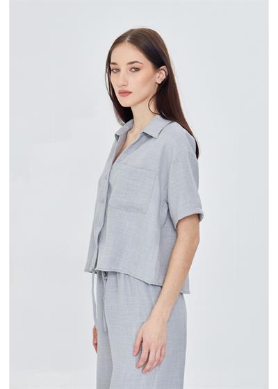 Önü Cepli Kısa Keten Görünümlü Gömlek 
