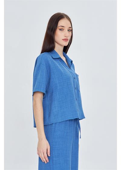 Önü Cepli Kısa Keten Görünümlü Gömlek 