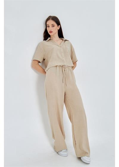 Önü Cepli Kısa Keten Görünümlü Gömlek 