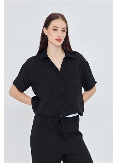 Önü Cepli Kısa Keten Görünümlü Gömlek 