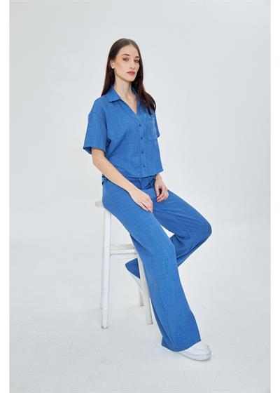 Önü Cepli Kısa Keten Görünümlü Gömlek 