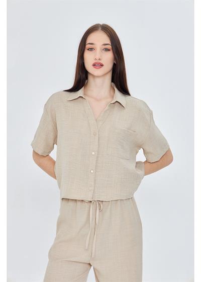 Önü Cepli Kısa Keten Görünümlü Gömlek 