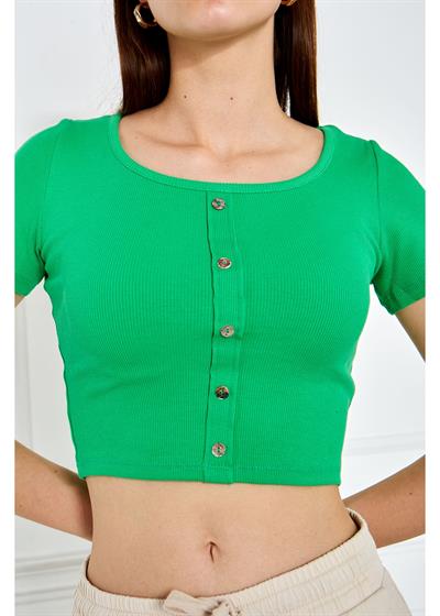 Önü Düğme Detaylı Crop T-Shirt