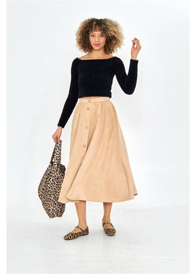 Önü Düğmeli Süet Etek 
