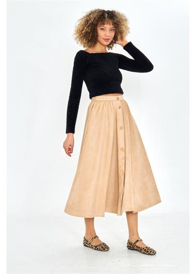 Önü Düğmeli Süet Etek 