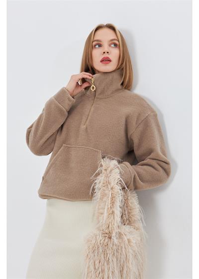 Önü Yarım Fermuarlı Kaşe Sweatshirt 