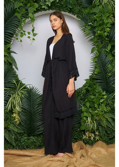 Palmiye Baskılı Püsküllü Kimono