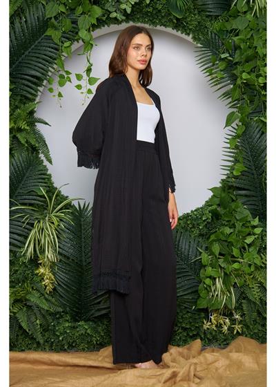 Palmiye Baskılı Püsküllü Kimono