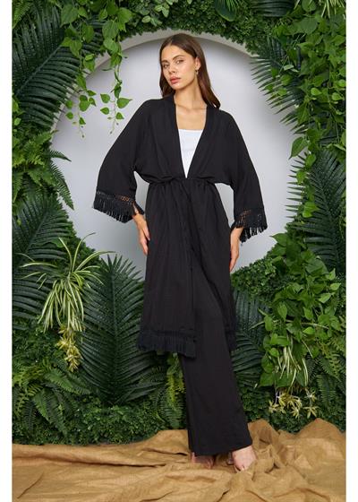 Palmiye Baskılı Püsküllü Kimono