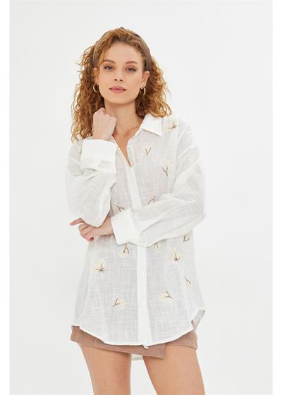 Papatya Nakışlı Keten Görünümlü Gömlek 