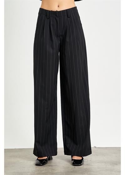 Pile Detaylı Geniş Çizgili Poliviskon Pantolon