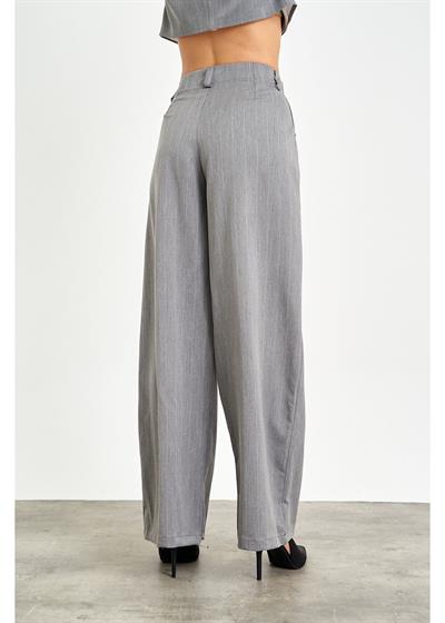 Pile Detaylı Geniş Çizgili Poliviskon Pantolon