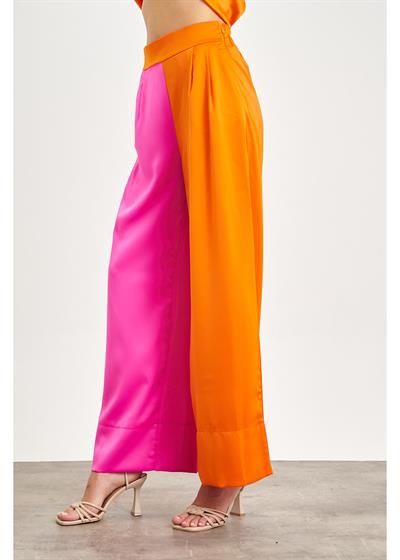 Pileli Çift Renk Saten Pantolon