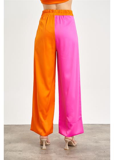 Pileli Çift Renk Saten Pantolon