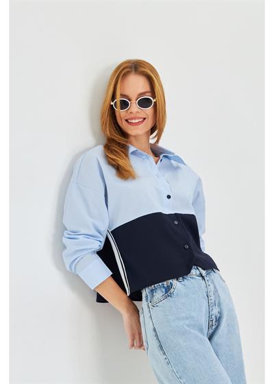 Polivisyon Garnili Şeritli Poplin Gömlek 