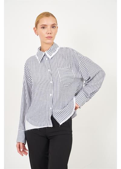Poplin Garnili Çizgili Keten Görünümlü Gömlek 