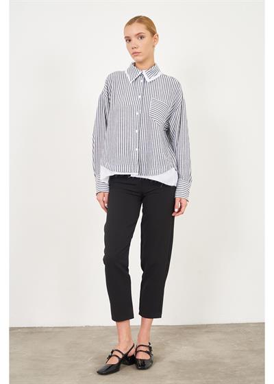 Poplin Garnili Çizgili Keten Görünümlü Gömlek 